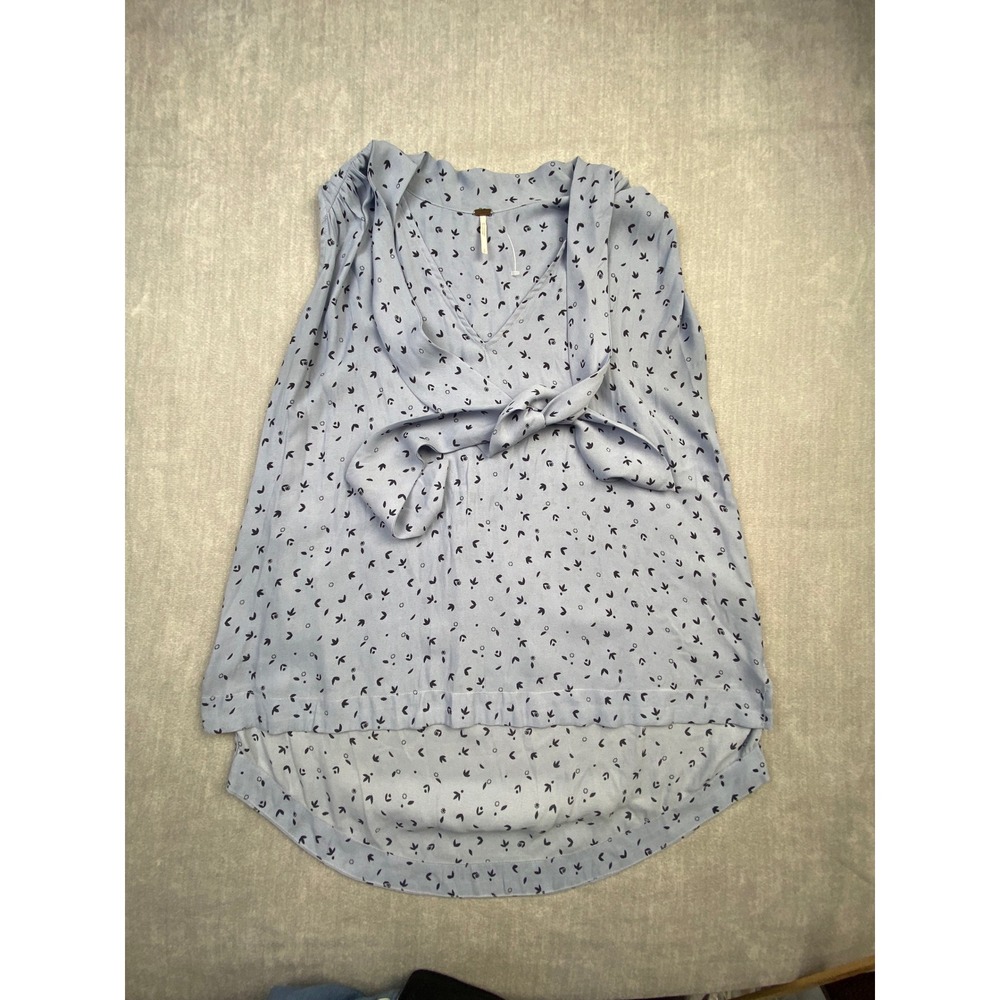 Free People Womens Blue Floral Tie Neck Sleeveless High Low Blouse Top Size S